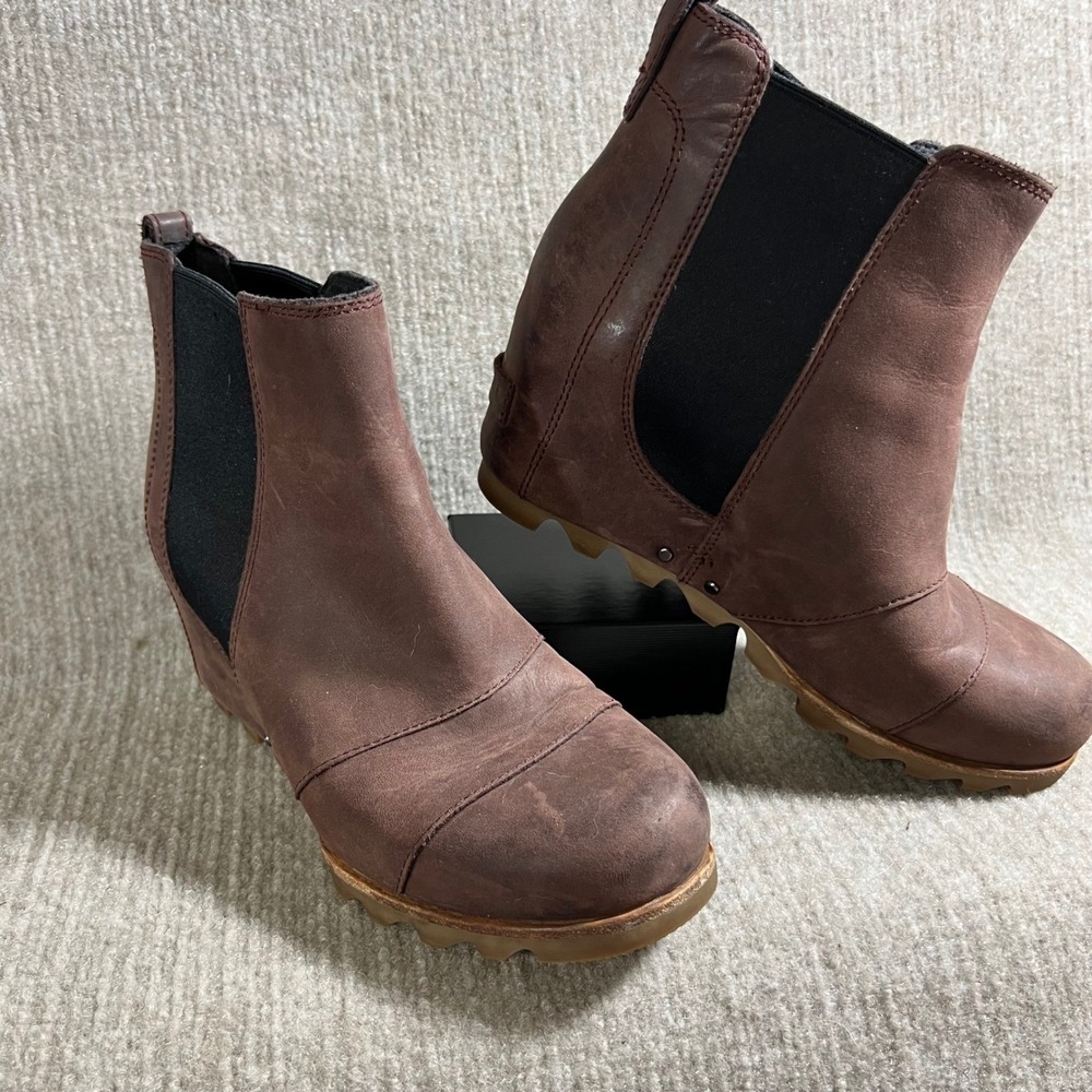 Sorel Brown Leather Wedge Chelsea Ankle Boots Women's 8 EU 39 Waterproof